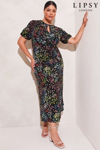 Lipsy Black Floral Curve Jersey Short Sleeve Keyhole Ruched Midi Dress (Q41275) | £48