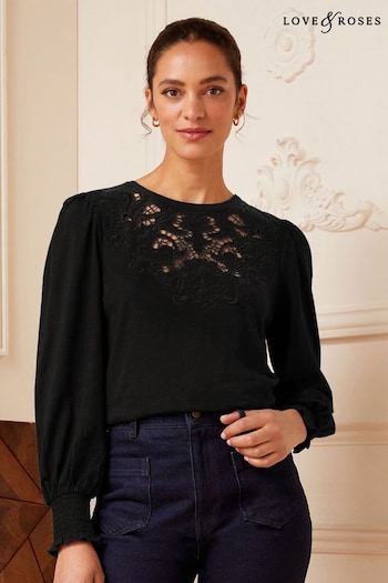 Love & Roses Black Cutwork Embroidered Long Sleeve Jersey Top (Q41278) | £35