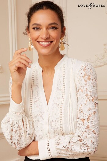 Love & Roses Ivory White Petite Lace Long Sleeve Button Front V Neck Blouse (Q41281) | £40