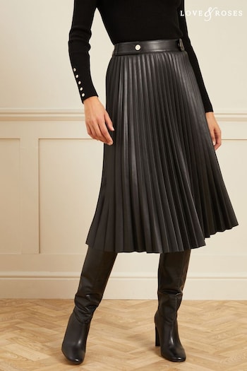 Love & Roses Black Faux Leather Pleated Midi Skirt (Q41288) | £49
