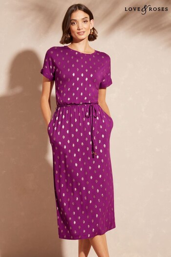 Love & Roses Purple Foil Spot Jersey T-Shirt Tie Front Belt Midi Dress (Q41299) | £44