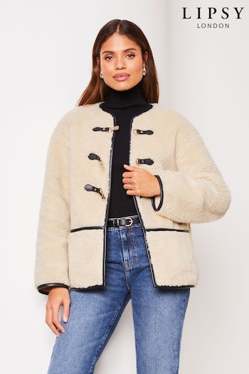 Lipsy Cream Cropped Shearling Clasp Detail Coat (Q41323) | £85