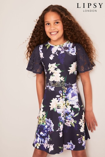 Lipsy Navy Angel Sleeve Lace Occasion Dress (Q41397) | £35 - £43
