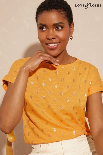 Love & Roses Yellow Foil Spot Roll Sleeve Round Neck T-Shirt (Q41405) | £25