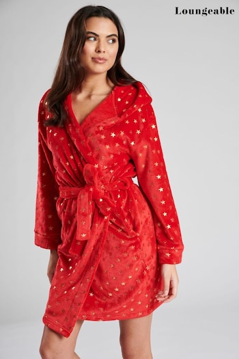 Loungeable Red Foil Star Flannel Fleece Hooded Dressing Gown (Q41458) | £28