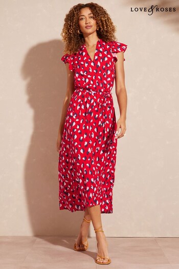 Love & Roses Red Animal Printed Ruffle Belted Midaxi Dress (Q41466) | £46