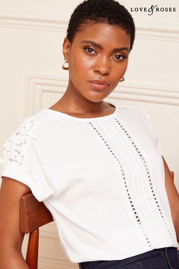 T-Shirts & Polo Shirts White Woven Round Neck Roll Sleeve Lace Trim Bow Back Top (Q41476) | £30