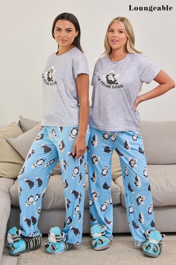 Loungeable Blue 'Pamper Cat' Tshirt And Long Pant Pyjama Set (Q41481) | £22