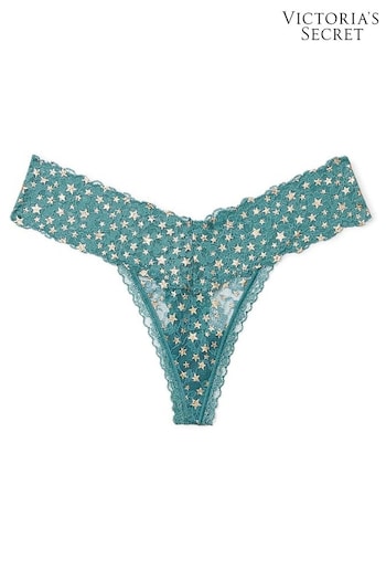 Victoria's Secret French Sage Green Twinkling Stars Foil Print Thong Lace Knickers (Q41515) | £9