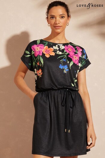 Love & Roses Black Floral Jersey T-Shirt Belted Mini Dress (Q41603) | £38