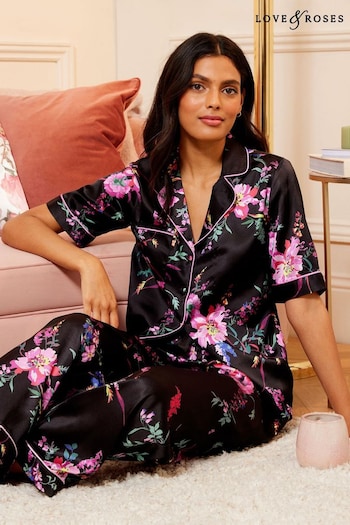 V&A | Love & Roses Black Floral Button Through Short Sleeve Pyjamas (Q41630) | £38