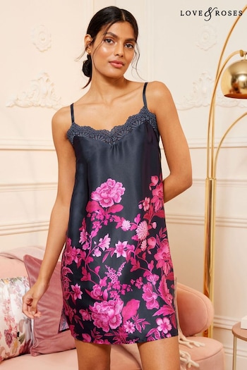 Hamish The Highland Cow Navy Blue Pink Floral Lace Trim Chemise (Q41632) | £32