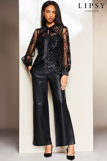 Lipsy Black Long Sleeve Embroidered Tie Neck Lace Button Through Shirt (Q41636) | £62