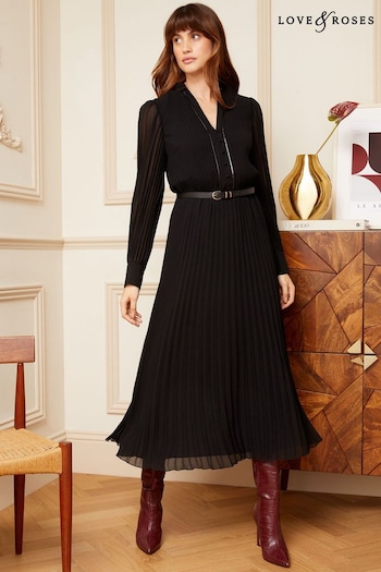 Love & Roses Black PU Trim Pleated Belted Midi Dress (Q41638) | £62