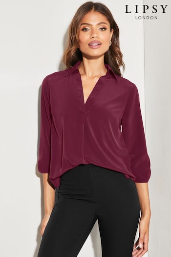 Lipsy Berry Red V Neck 3/4 Sleeve Collared Blouse (Q41648) | £29
