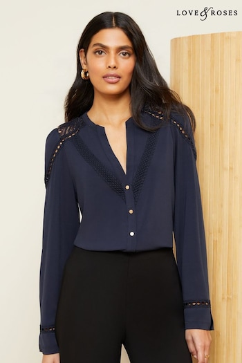 Padded & Quilted Coats Navy Blue Jersey Lace Trim V Neck Button Through Shirt (Q41681) | £36