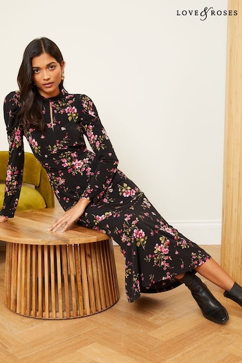 Love & Roses Black Floral Jersey Long Sleeve Keyhole Midi Dress (Q41684) | £50