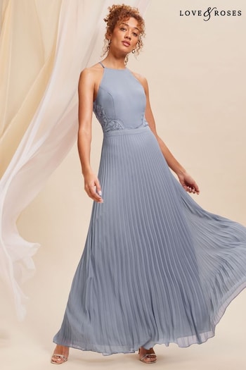 Love & Roses Blue Pleated Lace Insert Bridesmaid Maxi Dress (Q41692) | £90