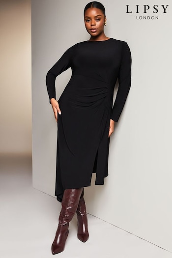 Lipsy Black Curve Jersey Asymmetric Hem High Neck Midi Jumper Dress Striped (Q41700) | £45