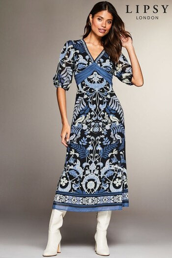 Lipsy Blue Woven Placement Print V Neck Midi jtaljede Dress (Q41705) | £65