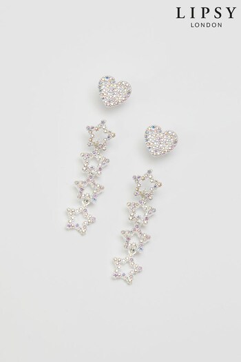 Lipsy Jewellery Silver Aurora Borealis Heart Stud And Star Drop Earrings - Pack of 2 (Q41957) | £18