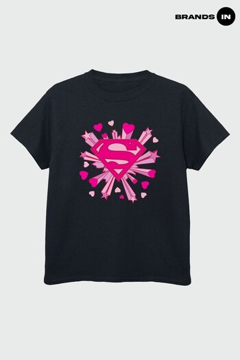 Brands In Black Superman Pink Hearts & Stars Logo Girls Black T-Shirt (Q42000) | £17
