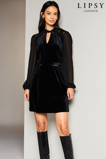 Lipsy Black Velvet Long Sleeve Keyhole Belted Mini Dress (Q42197) | £49