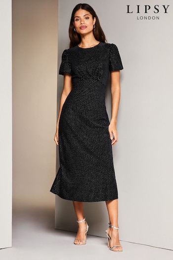 Lipsy Black Velvet Jersey Puff Short Sleeve Underbust Summer Midi Dress (Q42280) | £75