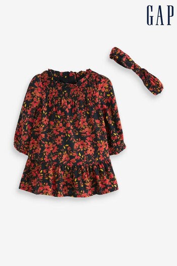 Gap Red Tiered Baby Floral Long Sleeve Crew Neck Dress (Q42302) | £30