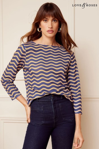 Love & Roses Navy Blue and Camel Wave Stripe 3/4 Sleeve Boat Neck T-Shirt (Q42338) | £29