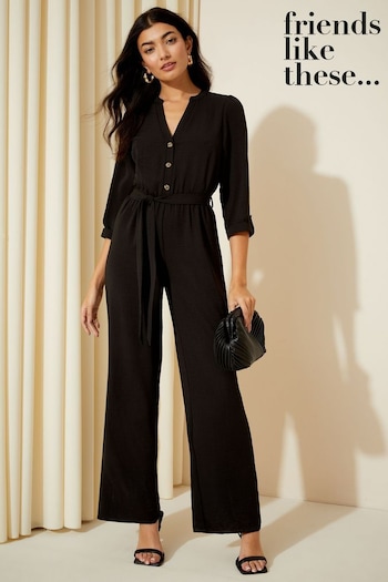Friends Like These Black Petite 3/4 Sleeve Belted Woven Wide Leg Jumpsuit (Q42343) | £45