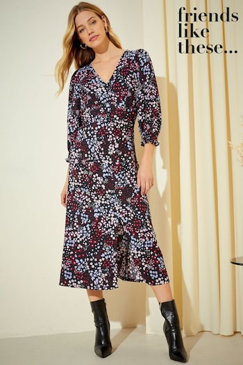 Friends Like These Black Floral Petite Jersey V Neck Puff Sleeve Midi Dress (Q42357) | £39