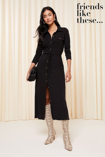 Friends Like These Black Belted Textured Long Sleeve Midi Shirt Dress (Q42395) | £40