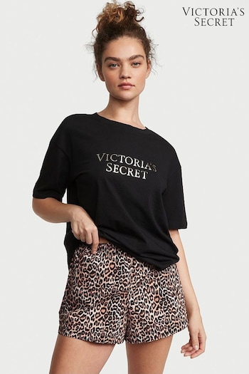 Victoria's Secret Spotted Leopard Brown Cotton T-Shirt Short Pyjamas (Q42565) | £39