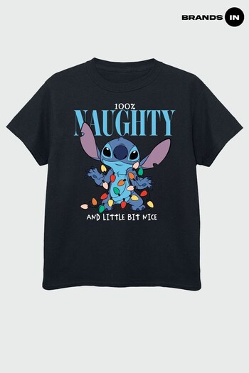 Brands In Black Brands In Christmas Black Lilo & Stitch Naughty & Nice Girls Black T-Shirt (Q42604) | £17