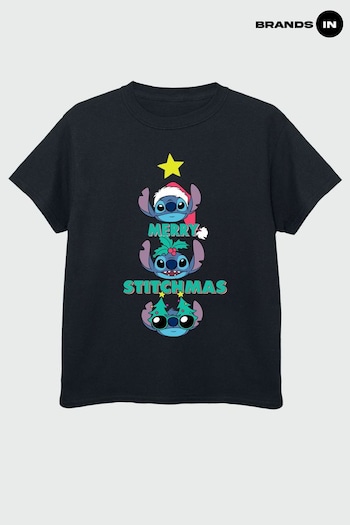 Brands In Black Brands In Christmas Black Lilo & Stitch Angel Merry Stitchmas Girls Black T-Shirt (Q42610) | £17