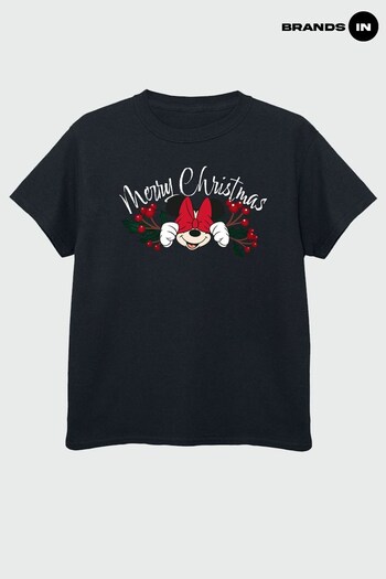 Brands In Black Minnie Mouse Christmas Holly Girls Black T-Shirt (Q42619) | £17