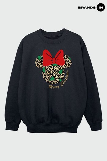 Brands In Black Minnie Mouse Leopard Christmas Girls Black Sweatshirt (Q42620) | £24