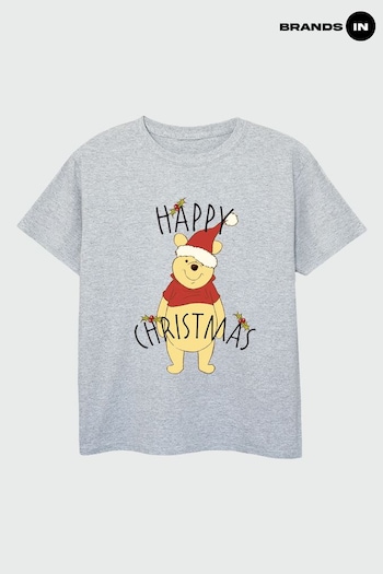 Brands In Grey Winnie The Pooh Happy Christmas Holly Girls Heather Grey T-Shirt (Q42622) | £17