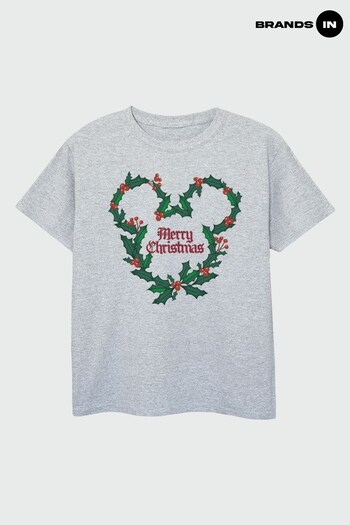 Brands In Grey Mickey Mouse Merry Christmas Holly Girls Heather Grey T-Shirt (Q42631) | £17