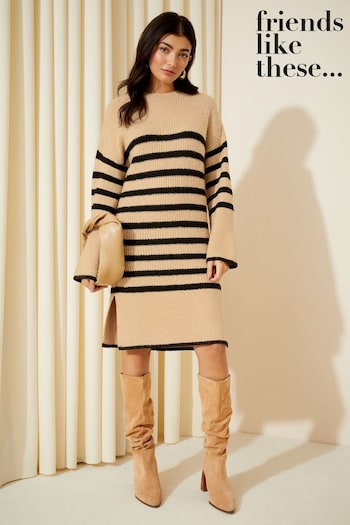 Jean Délavé Moyen Camel stripe Striped Knitted Long Sleeve Jumper Dress (Q42677) | £46