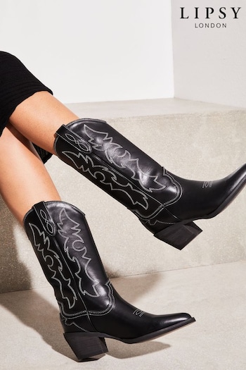 Lipsy Black Contrast Pull On Calf Pointed Western Cowboy Heel Boot (Q42695) | £69