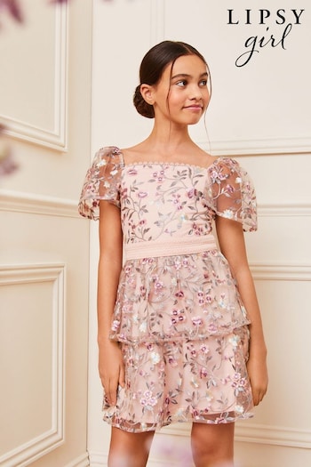 Lipsy Pink Embroidered Square Neck Occasion Dress (3-16yrs) (Q42729) | £58 - £68
