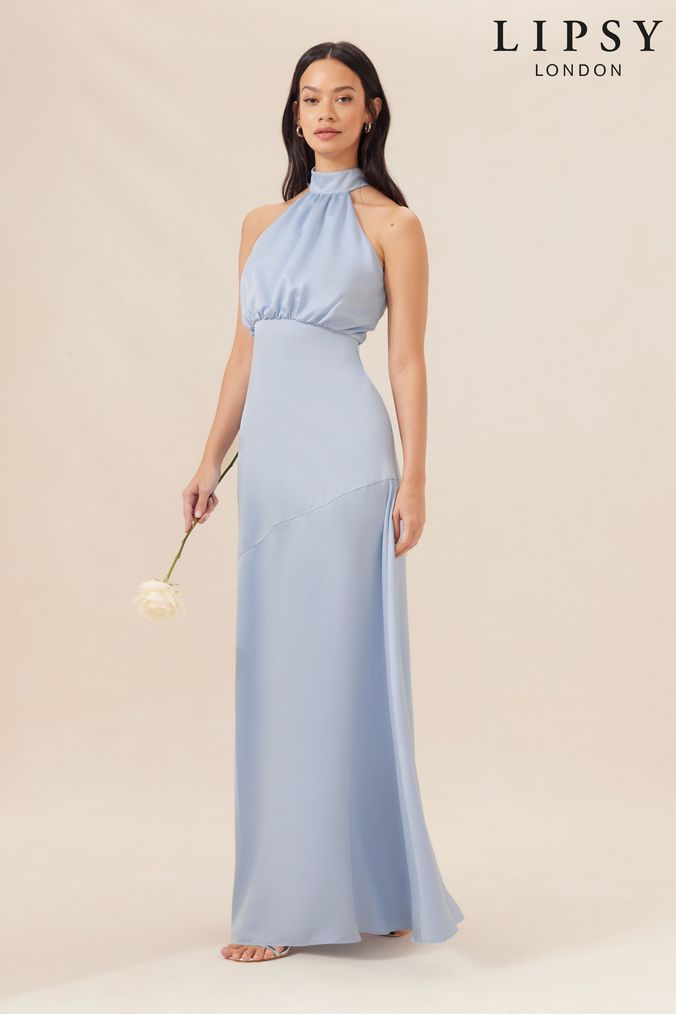 Lipsy halter satin clearance panel midi frill dress