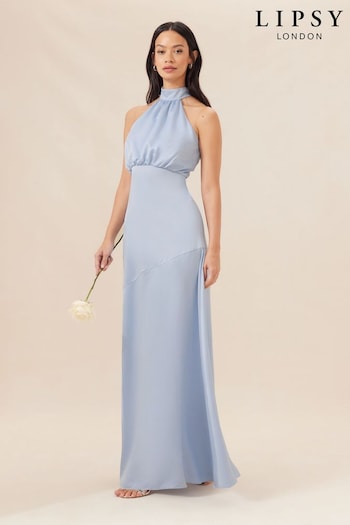 Lipsy Blue Halter Neck Empire Bridesmaid Satin Maxi Dress (Q42736) | £99