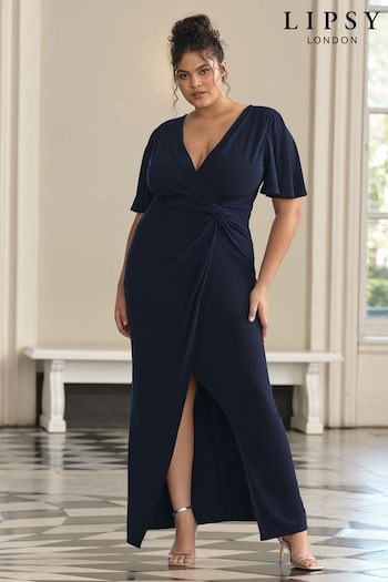 Lipsy Navy Blue Curve Short Sleeve V Neck Slinky Bridesmaid Dress (Q42738) | £85