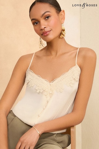 Trending: Top & Short Sets Ivory White Lace Trim V Neck Cami Vest Top (Q42889) | £26