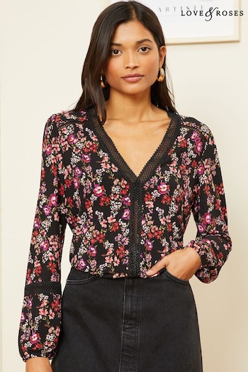 All Womens Sportswear Black And Red Ditsy Floral Jersey V Neck Long Sleeve Lace Insert Blouse (Q42908) | £34