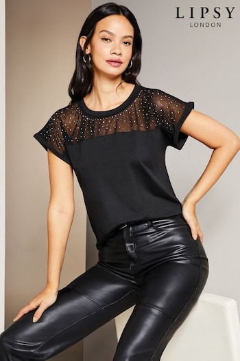 Lipsy Black Hotfix Mesh T-Shirt (Q42943) | £29