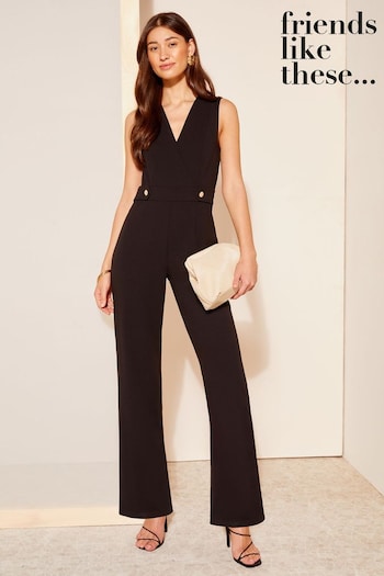 Wrapping Paper & Gift Bags Black Petite Wrap Front Detail V Neck Tailored Jumpsuit (Q42963) | £66